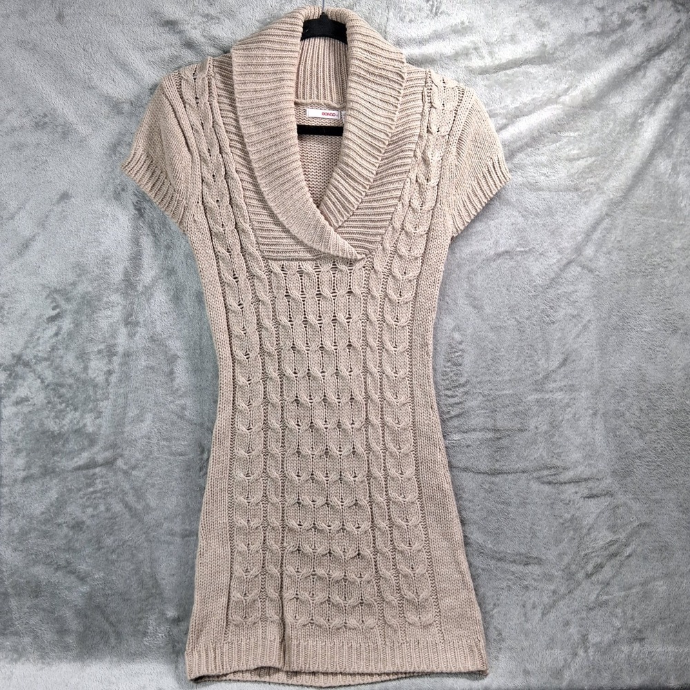 Bongo Tan Cable Knit Shawl Collar Short Sleeve Sweater Tunic Top Womens Small